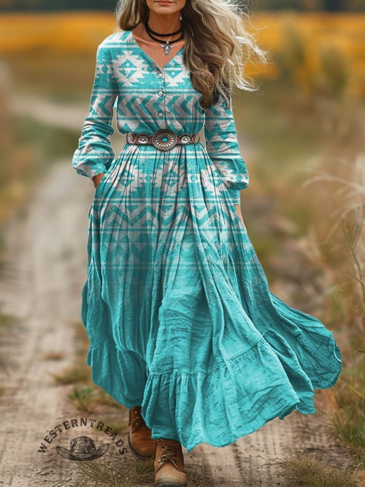 Women's Turquoise Gradient Aztec Print V-Neck Button Pocket Cotton Dress