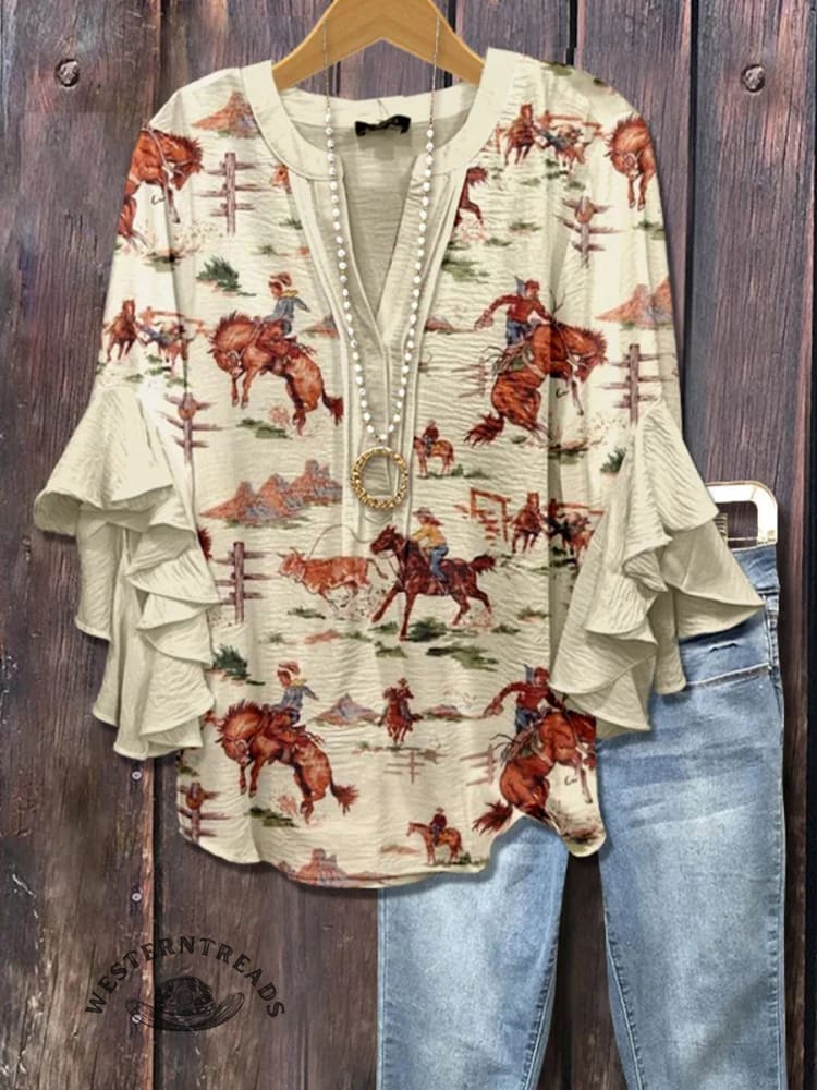 Women's Vintage Western Cowboy Print Ruffle Sleeve Top