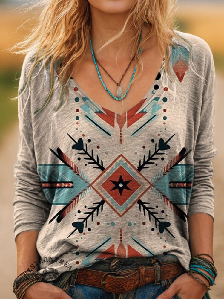 100% Cotton🍃Women's Aztec Print Casual V-neck Long Sleeve T-shirt