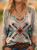 100% Cotton🍃Women's Aztec Print Casual V-neck Long Sleeve T-shirt