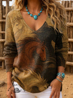 Women's Horse Print Casual V-Neck Pullover Sweater