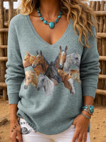 Women's Horse Print Casual V-Neck Pullover Sweater