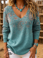 Women's Vintage Paisley Print Casual V-Neck Pullover Sweater