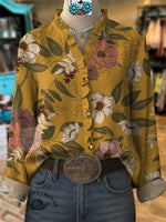 Women's Vintage Floral Print Casual Cotton And Linen Ruffle Shirt