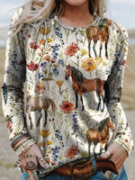 Women's Horse and Floral Print Casual T Shirt