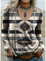 100% Cotton🍃Women's Vintage Aztec Print Casual V-neck Long Sleeve T-shirt