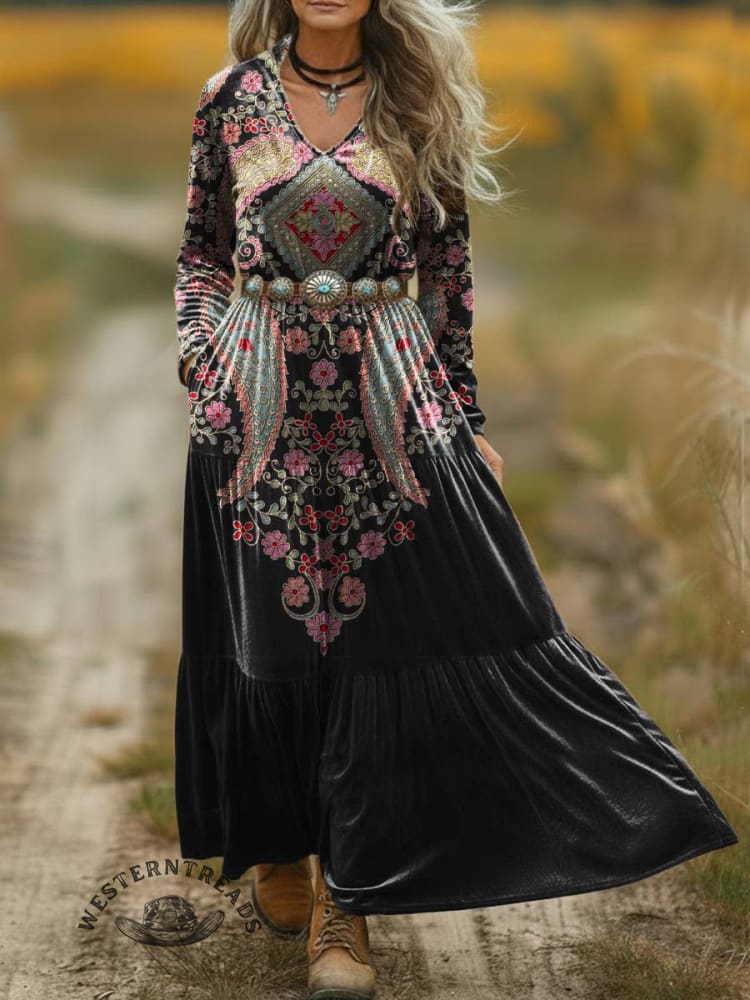 Women's Vintage Paisley Print V-neck Velvet Dress