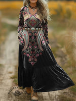 Women's Vintage Paisley Print V-neck Velvet Dress