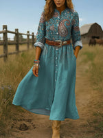 Women's Vintage Paisley Print Pleated Cotton and Linen Dress