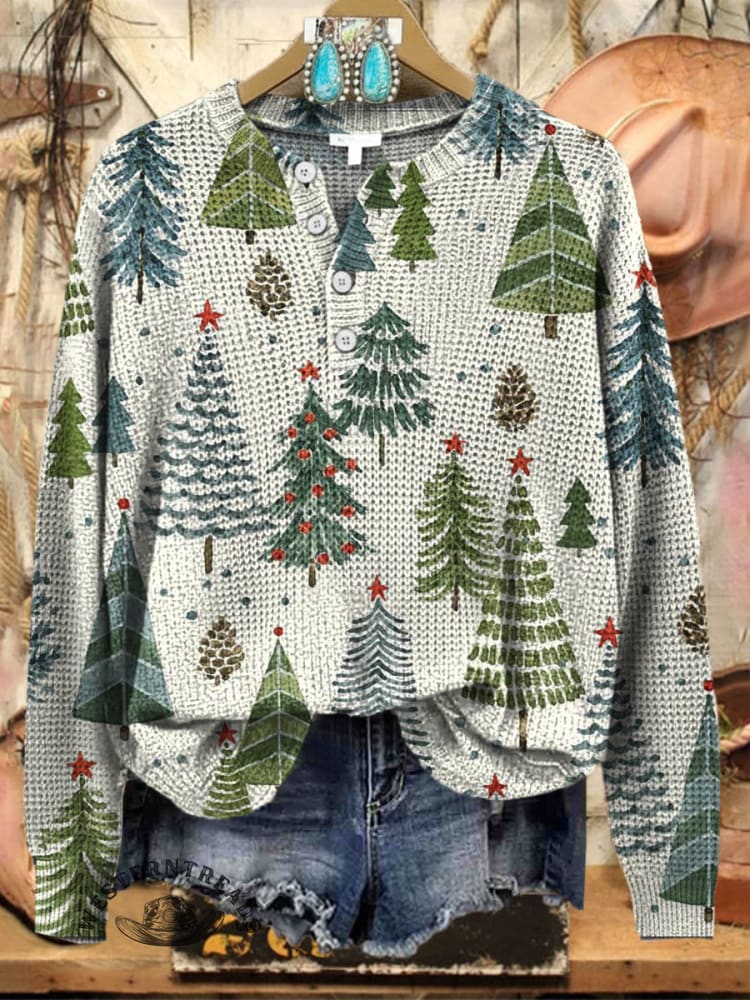 Christmas Tree Print Henley Collar Sweater