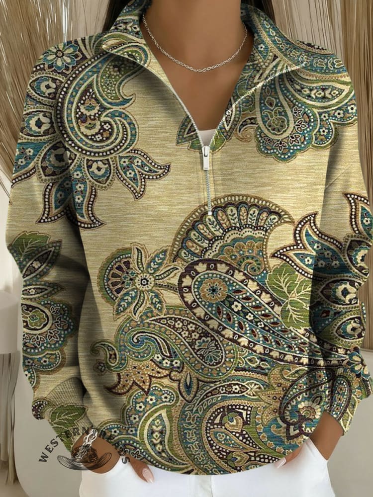 Vintage Paisley Print Casual Long Sleeve Zip Sweatshirt