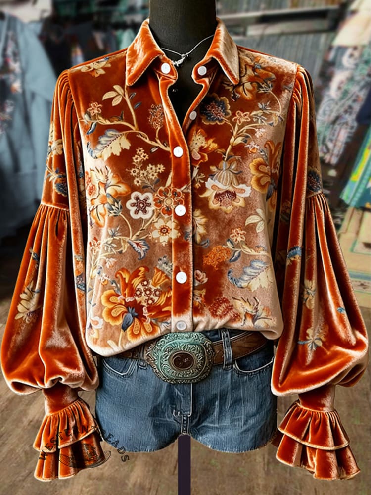 Women's Vintage Floral Print Lantern Sleeve Velvet Top