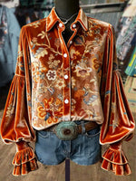Women's Vintage Floral Print Lantern Sleeve Velvet Top