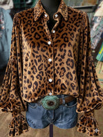 Women's Purple Leopard Print Lantern Sleeve Velvet Top