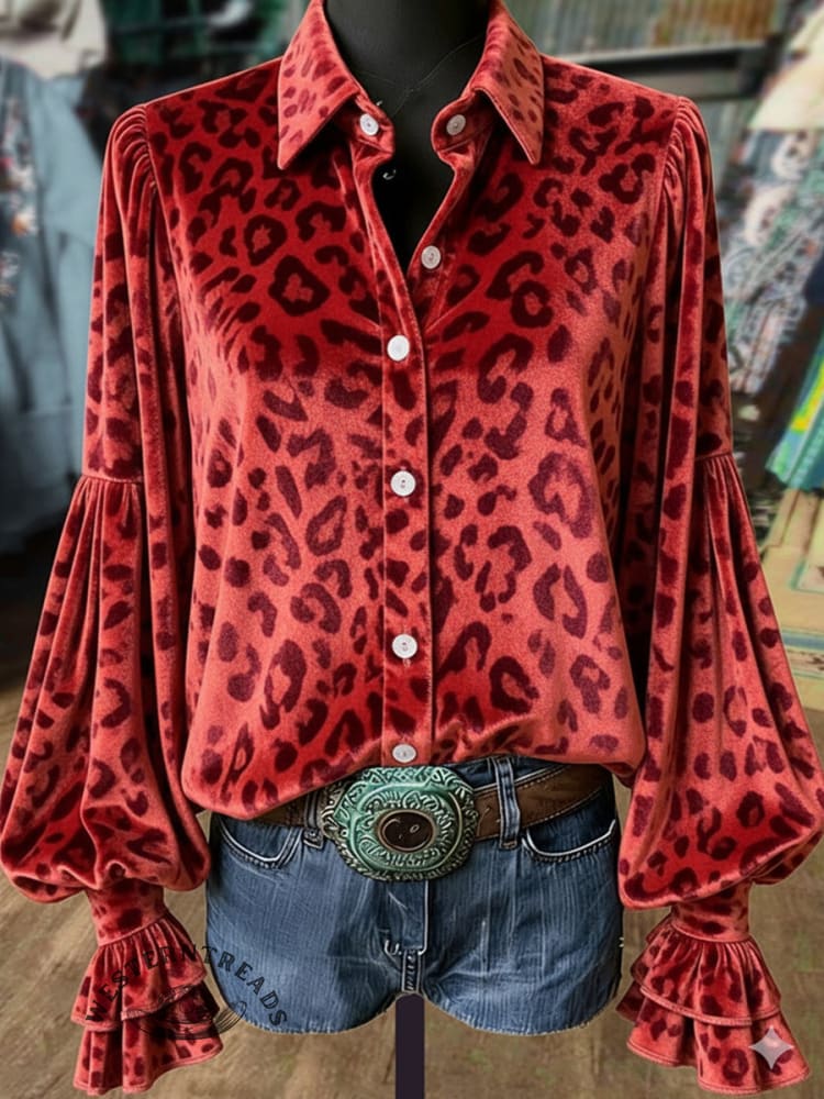 Women's Purple Leopard Print Lantern Sleeve Velvet Top