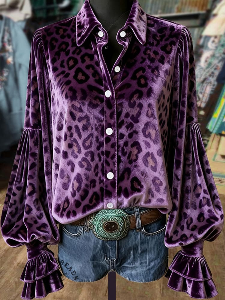 Women's Purple Leopard Print Lantern Sleeve Velvet Top