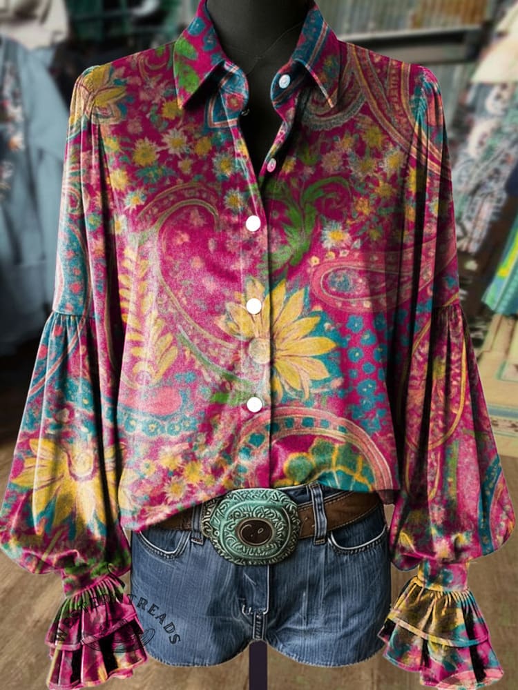 Women's Vintage Paisley Print Velvet Balloon Sleeve Shirt
