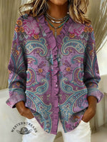 Women's Retro Paisley Print Casual Cotton And Linen Ruffle Shirt