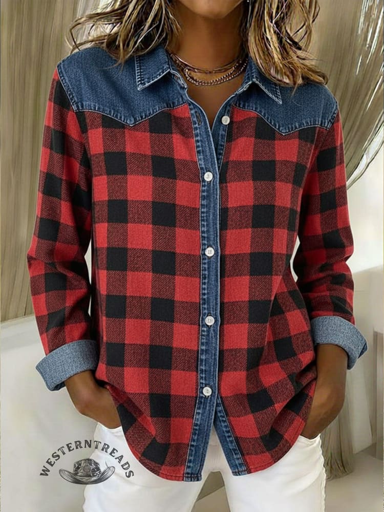 Women's Plaid and Denim Patchwork Casual Cotton Shirt