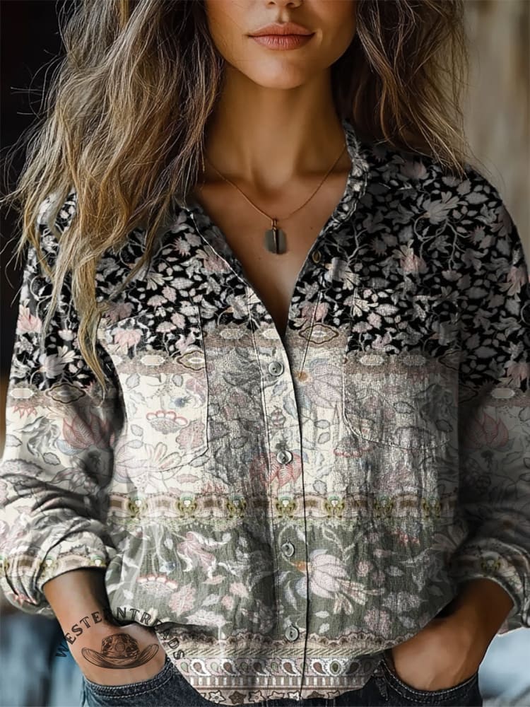 Vintage Traditional Floral Stripes Art Graffiti Women's Print Casual Long Sleeve Comfortable Cotton Shirt