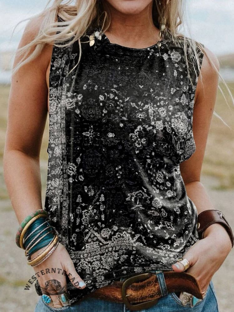 Women's Vintage Black Ethnic V-neck Casual T-Shirt