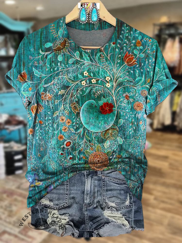 Vintage Flowers Print Casual Short Sleeve Top