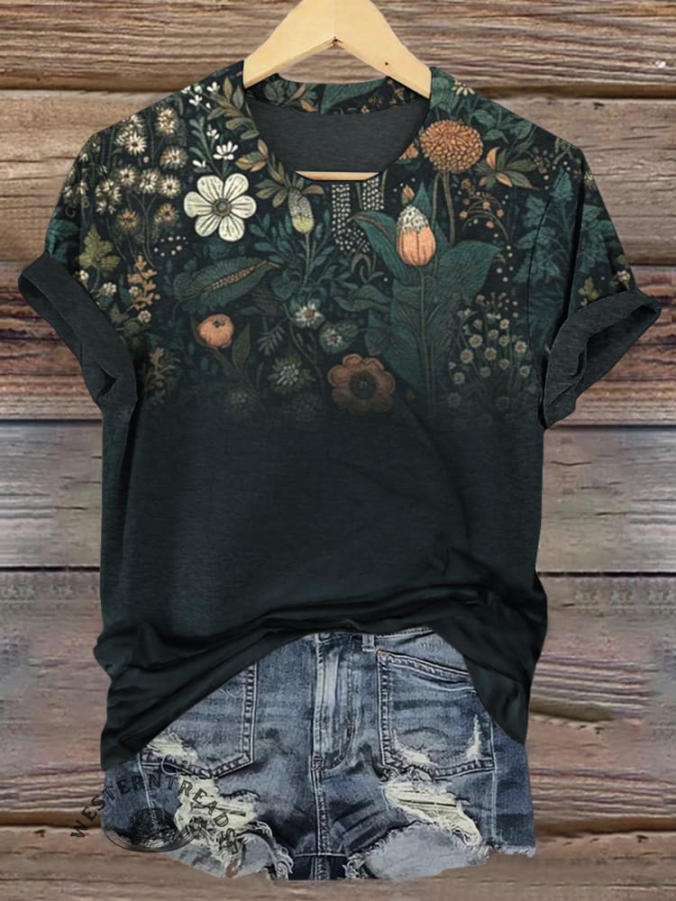 Dark green retro floral gradient print women's short-sleeved T-shirt