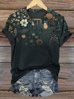 Dark green retro floral gradient print women's short-sleeved T-shirt