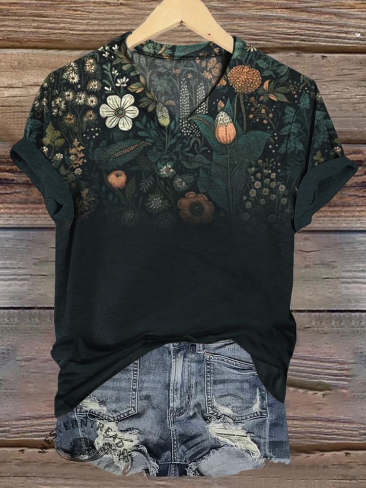 Retro Floral Print Casual V-neck Top