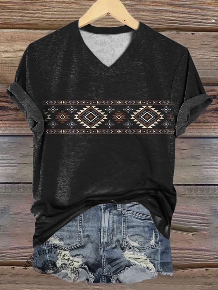 Women's Aztec Prints V-neck Casual T-Shirt