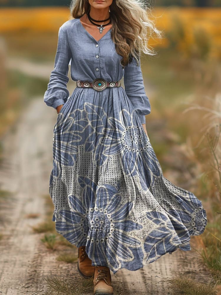 Women's Vintage Flowers Print V-Neck Button Pocket Cotton Dress