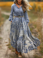 Women's Vintage Flowers Print V-Neck Button Pocket Cotton Dress