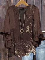 Vintage Floral Print Ruffle Sleeve Top