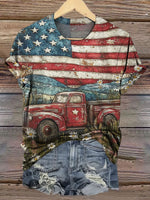 Vintage Independence Day American Flag Truck Print Casual Top