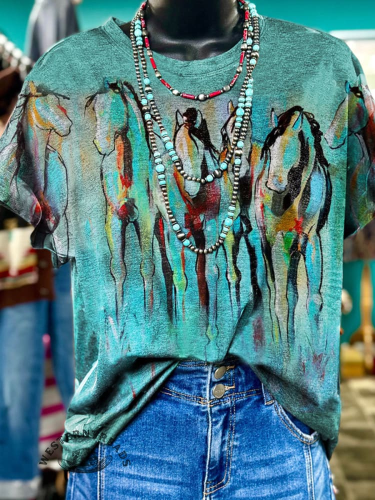 Turquoise art horse print short sleeve T-shirt