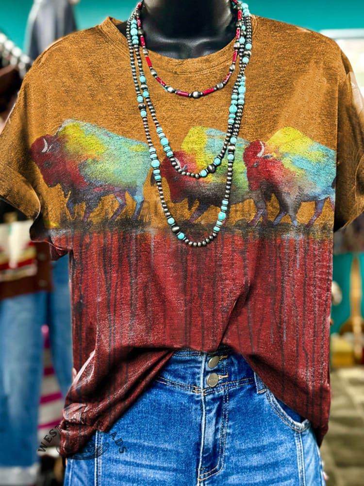 Brown bull print short-sleeved T-shirt