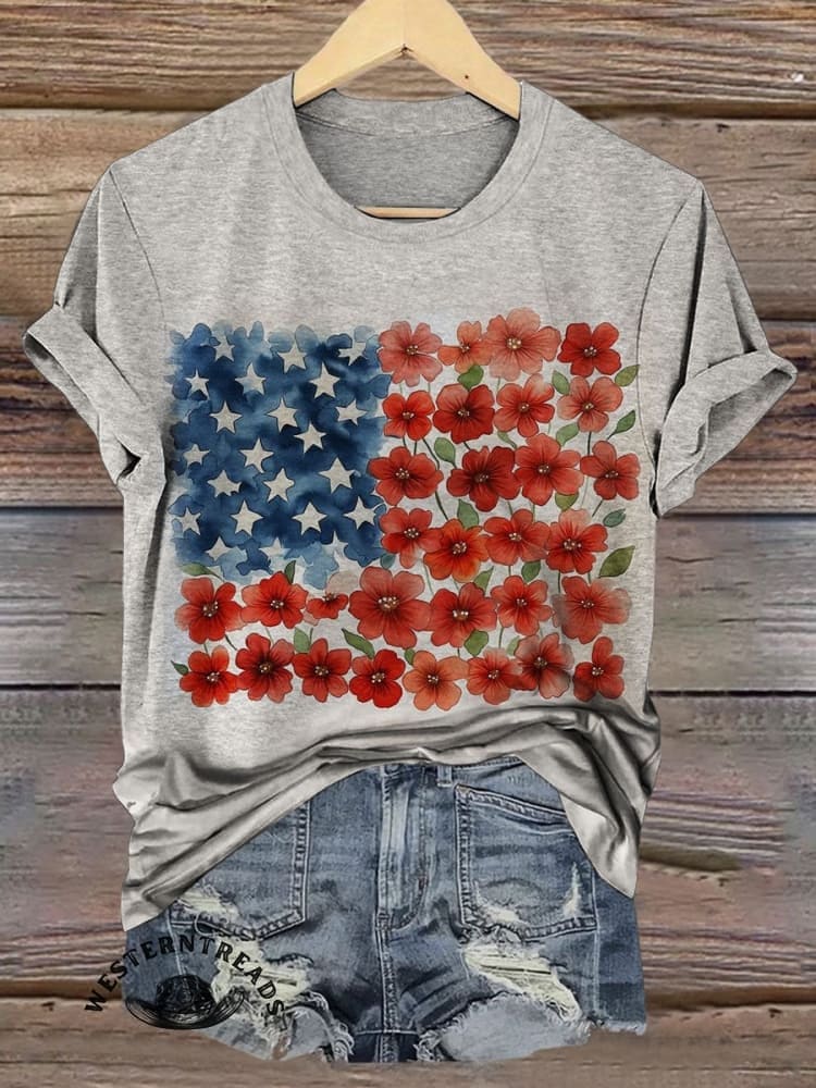 American Flag Floral Print V-neck Casual T-Shirt