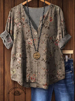 Vintage Flower Art Print Casual Cotton Linen Shirt