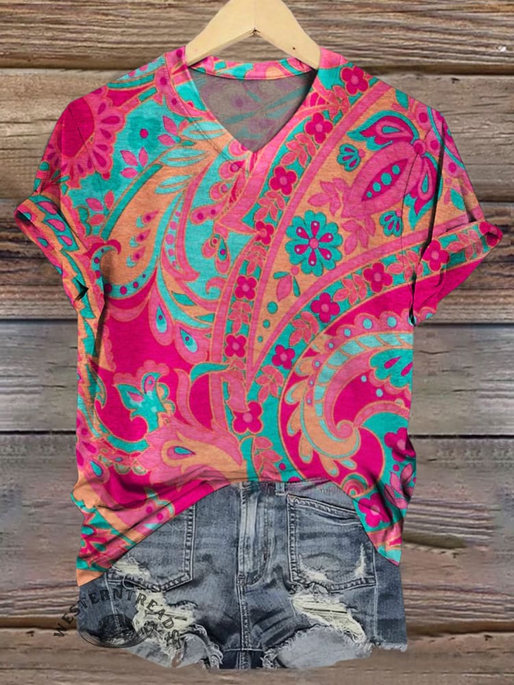 Paisley Art Print V-neck Casual T-Shirt