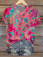 Paisley Art Print V-neck Casual T-Shirt