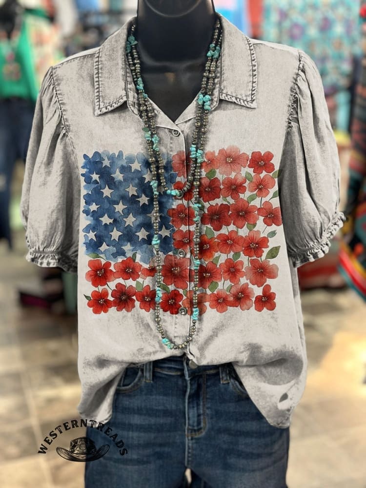 American Flag Floral Print V-neck Casual T-Shirt