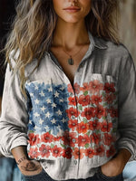 American Flag Floral Print V-neck Casual T-Shirt