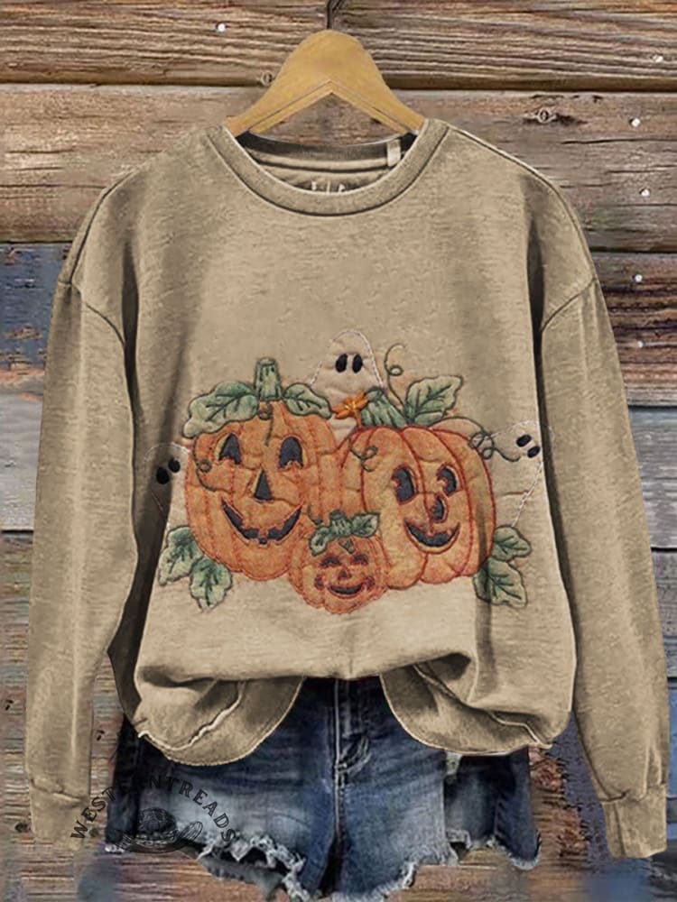 Vintage Halloween Pumpkin Print Casual Cotton Sweatshirt