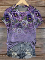 Purple Flowers Print Casual T-shirt