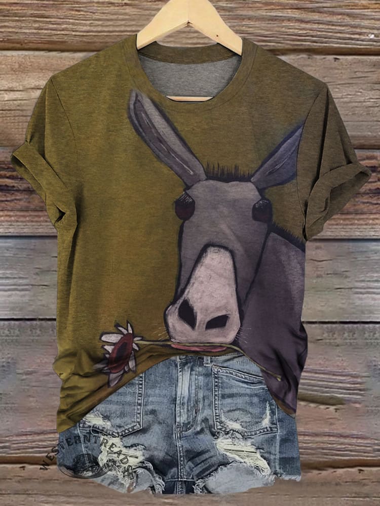 š„Hot Saleš„Vintage Rustic Flower-Munchinā Donkey Graphic Casual T-shirt
