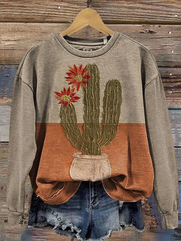 Vintage Cactus Art Print Casual T-shirt