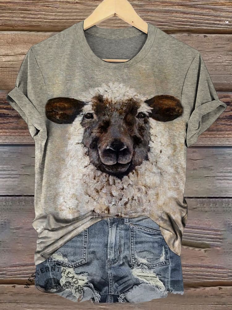 Vintage Lamb Art Print Casual T-shirt