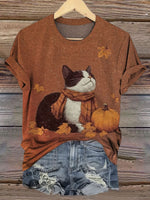 Fall Cat Print Casual T-shirt