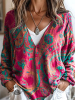 100%Cotton🍃Paisley Art Print Casual V-neck Long Sleeve T-shirt