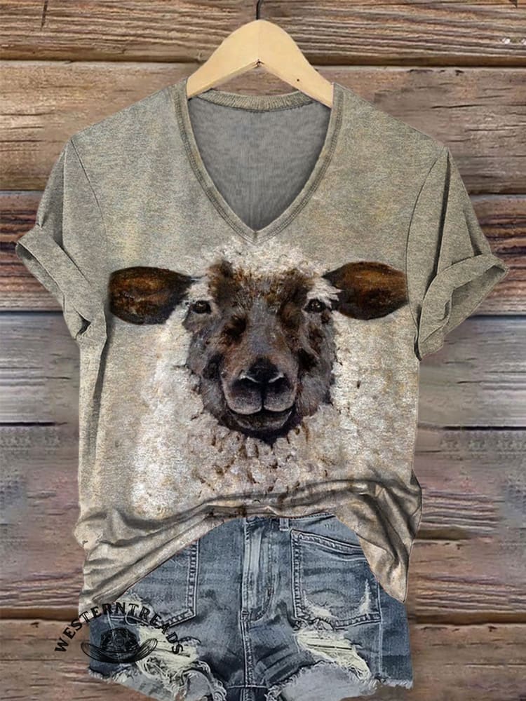 Vintage Lamb Art Print Casual T-shirt